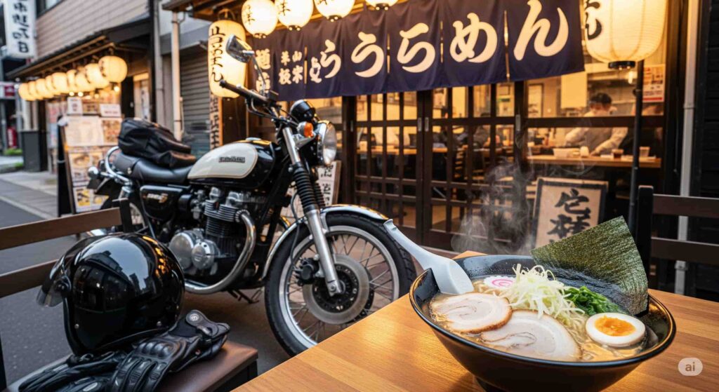 ラーメン屋の前に停められたバイクと、店先で提供される湯気の立つラーメン。美味しそうな一杯が目の前にあり、ツーリング中の食事の楽しさを感じさせる。