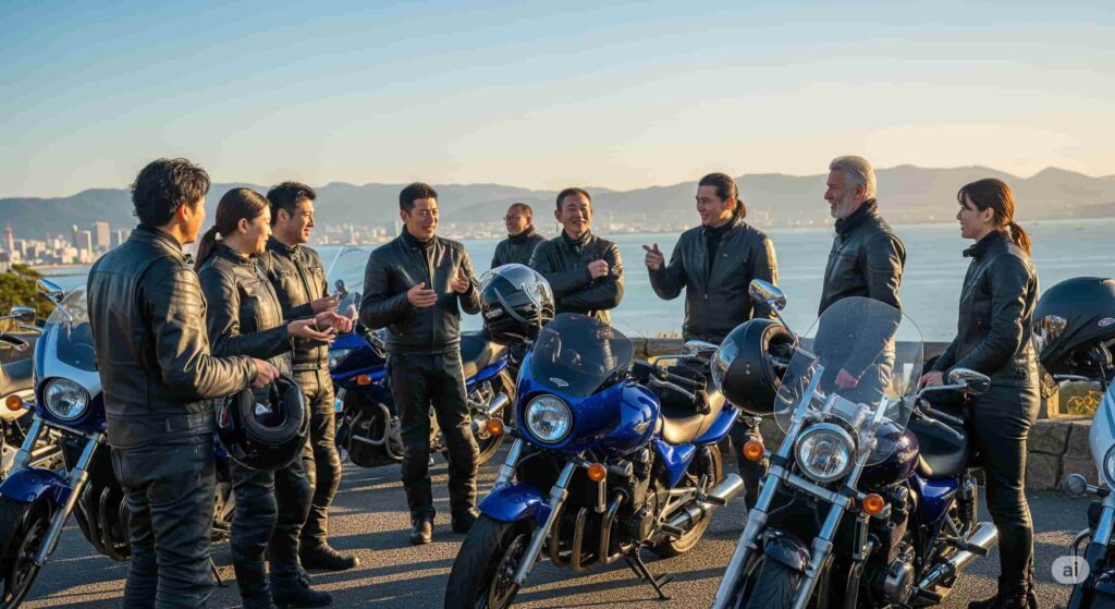 景色が良い場所でバイクを停め、楽しそうに談笑している数人のライダー。性別や年齢も様々で、ツーリング仲間との和気あいあいとした雰囲気を表している。