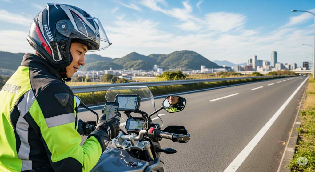 広い道にバイクを停め、スマートフォンで地図を確認している初心者ライダーの姿。見晴らしの良い場所で、安心してルートを確認している様子がうかがえる。
