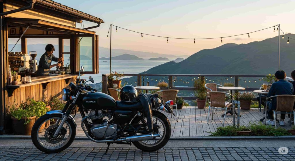 海や山を一望できるテラス席のあるカフェ。テーブルにはコーヒーが置かれ、その手前にはバイクが停まっている。ツーリングの途中に立ち寄る、くつろぎのひととき。