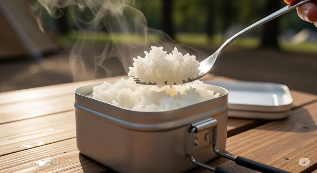 炊き上がったメスティンご飯をほぐしている様子(AIイメージ)