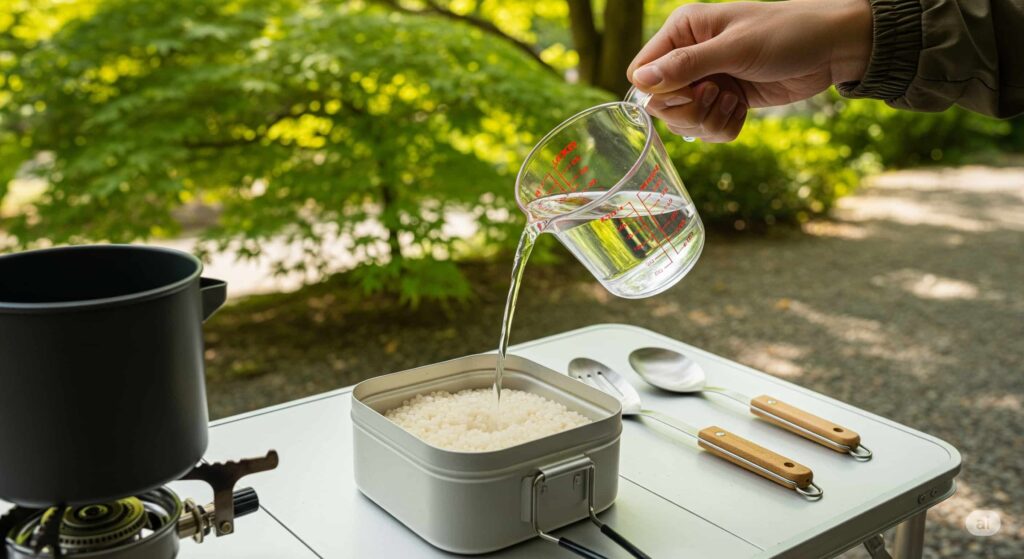 お米を入れたメスティンに計量カップで水を注ぐ様子(AIイメージ)
