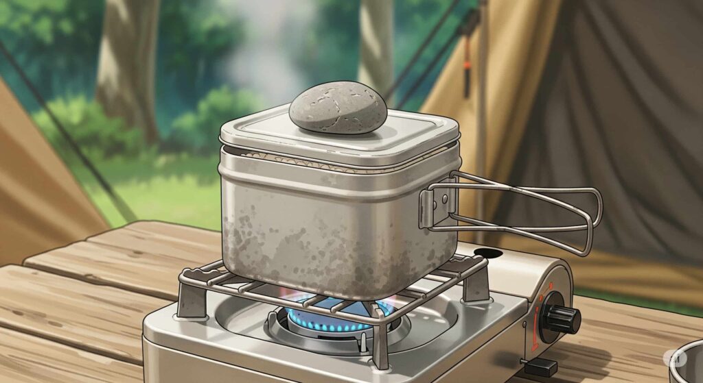 メスティンの蓋に重しを乗せているイラスト(AIイメージ)