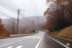 雨の日の東北の道路:濡れた路面と霧がかった風景