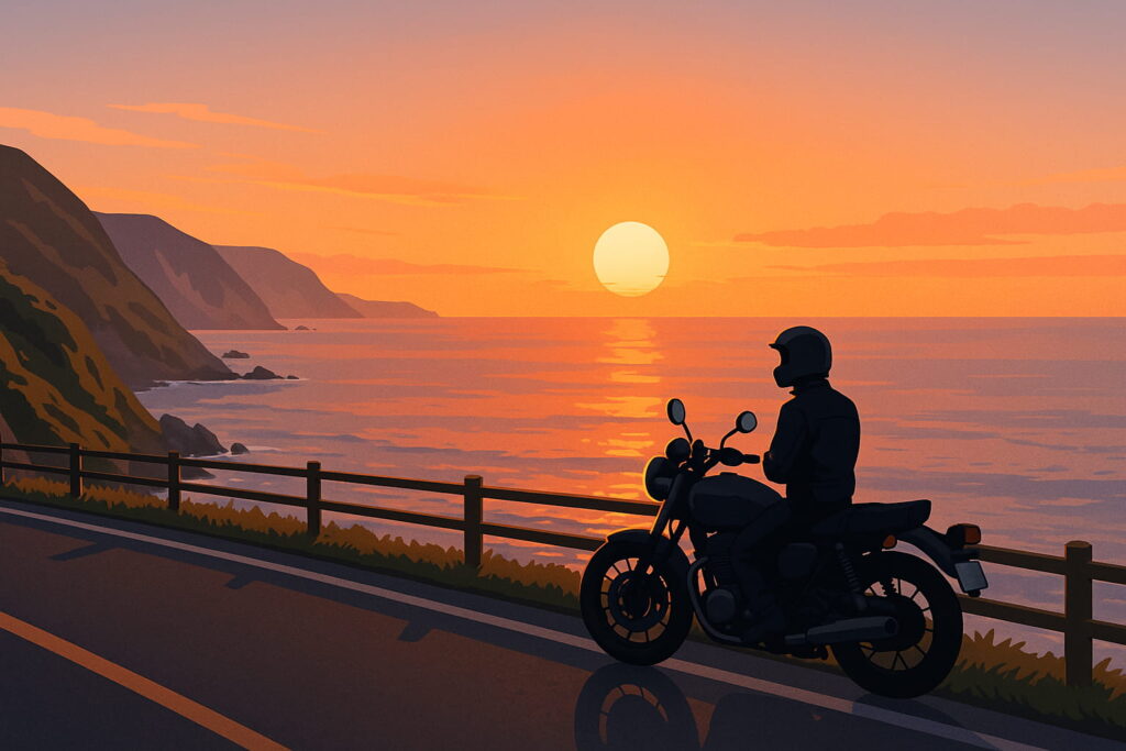 生月サンセットウェイ沿いにバイクを停めて、穏やかな海に沈むオレンジ色の太陽を眺めている。