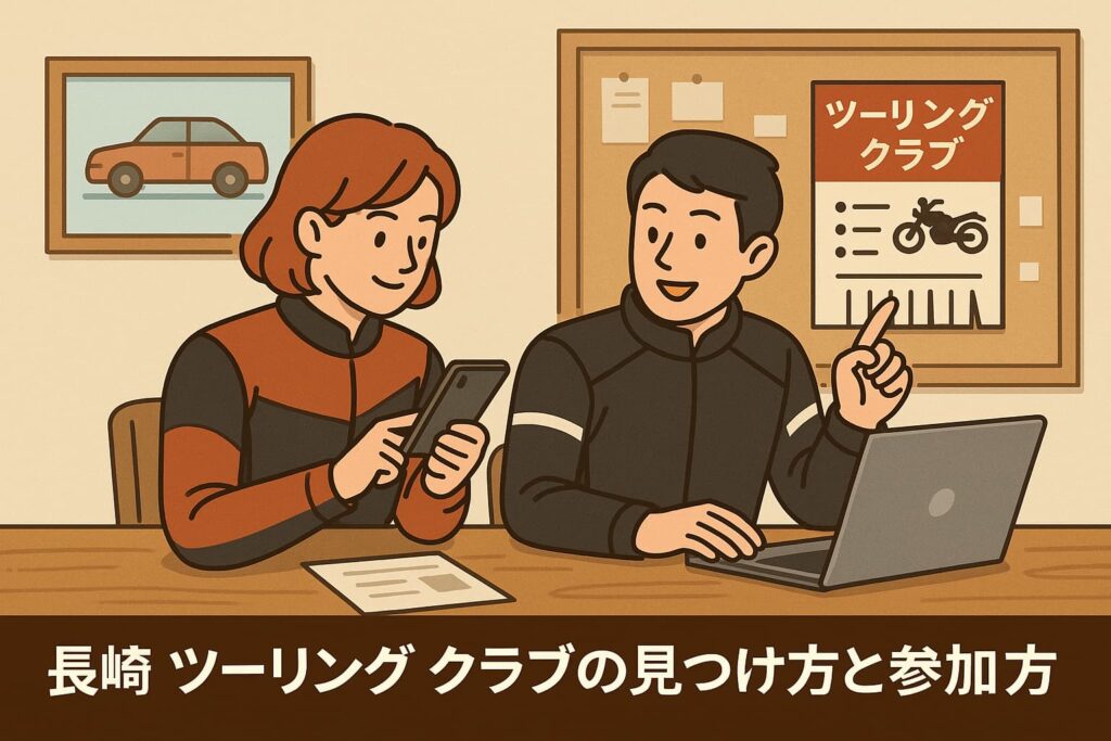 暖色系の部屋で、バイクに乗った二人がスマートフォンとチラシで長崎のツーリングクラブを探している。