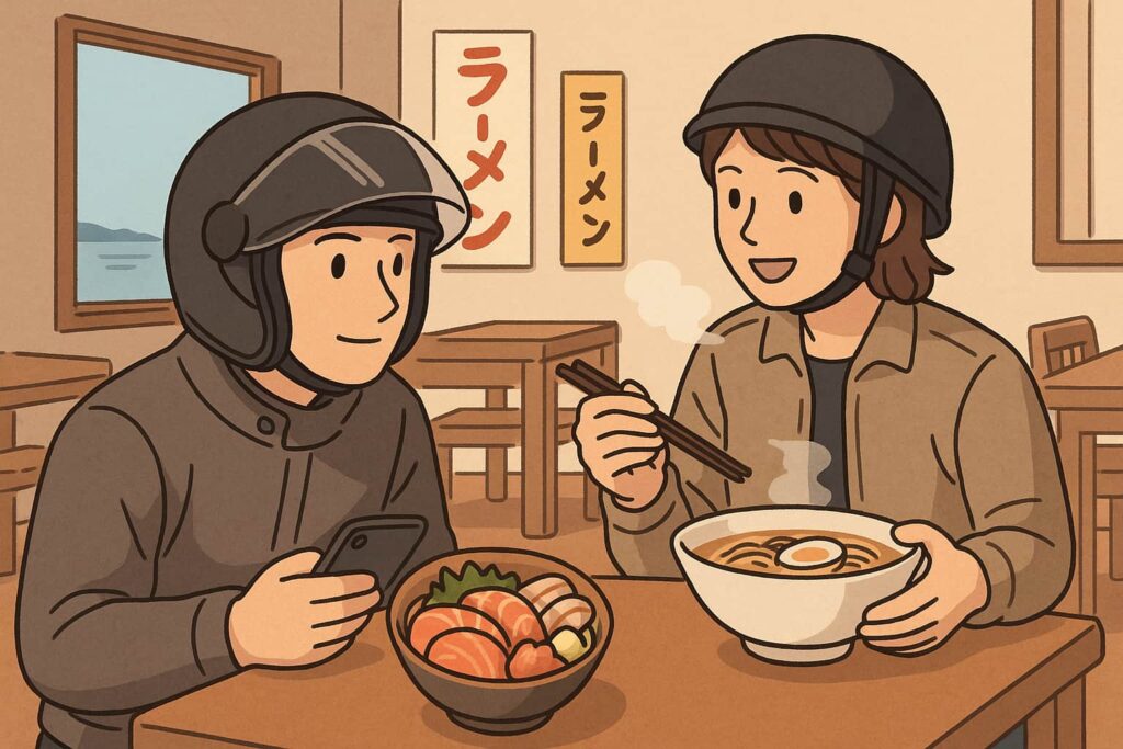 2人のバイカーが長崎の居心地の良い日本食レストランで休憩中にラーメンと海鮮丼を楽しんでいます。