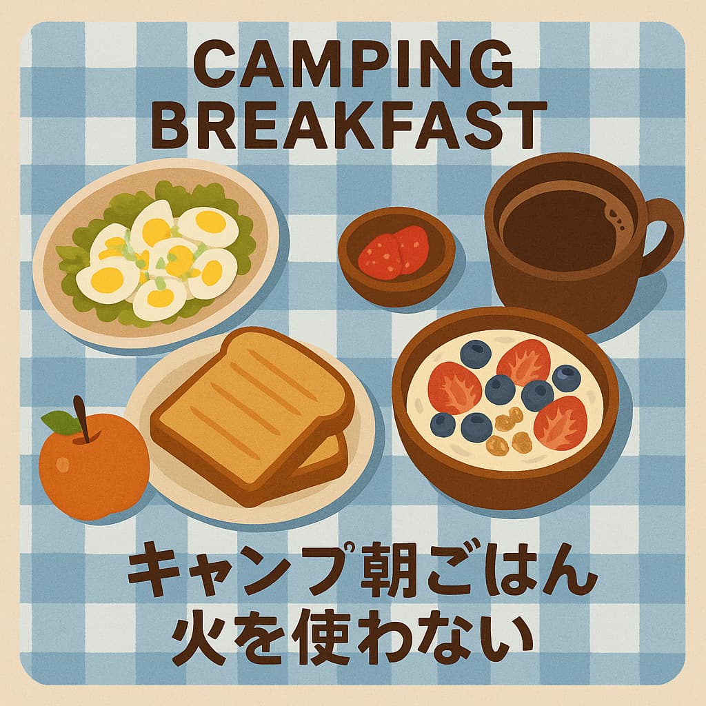 キャンプの朝ごはんを火を使わずに楽しむ食卓イラスト