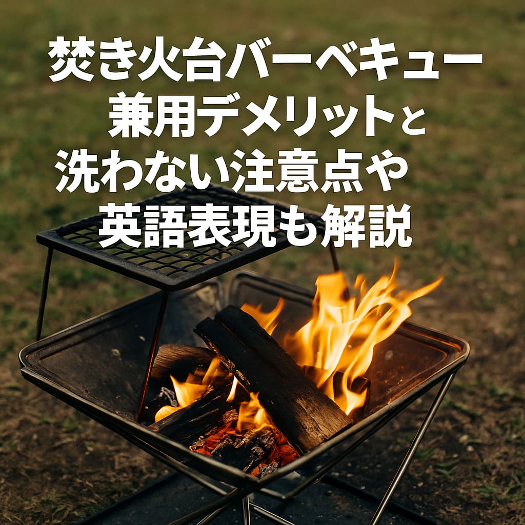 焚き火台でバーベキューをする様子。炭が燃える中、焼き網が上に置かれている。タイトルテキスト付き。