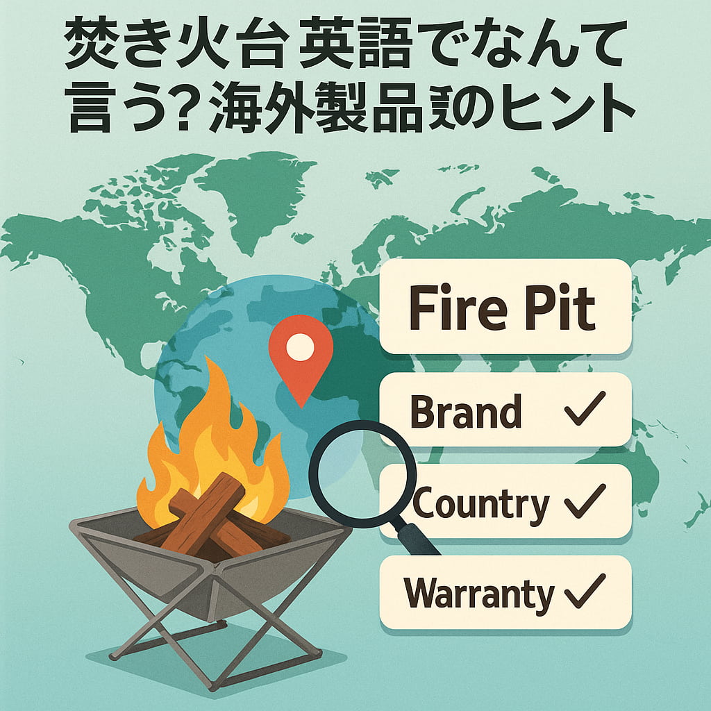 アウトドア用品店で英語表示された海外製焚き火台が並んでいる様子
