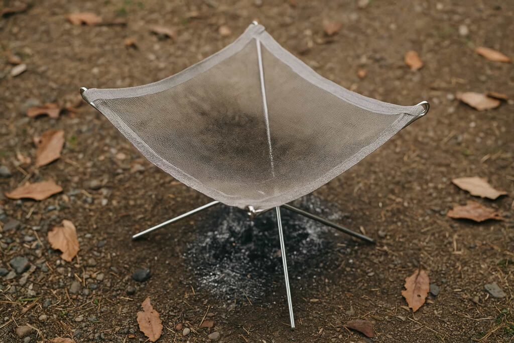 軽量でメッシュ状の焚き火台、下に炭が落ちる構造が見える