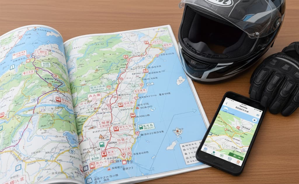 開かれたツーリングマップル（紙の地図）とスマートフォンの地図アプリ、バイクヘルメットとグローブがテーブルに置かれているイラスト。