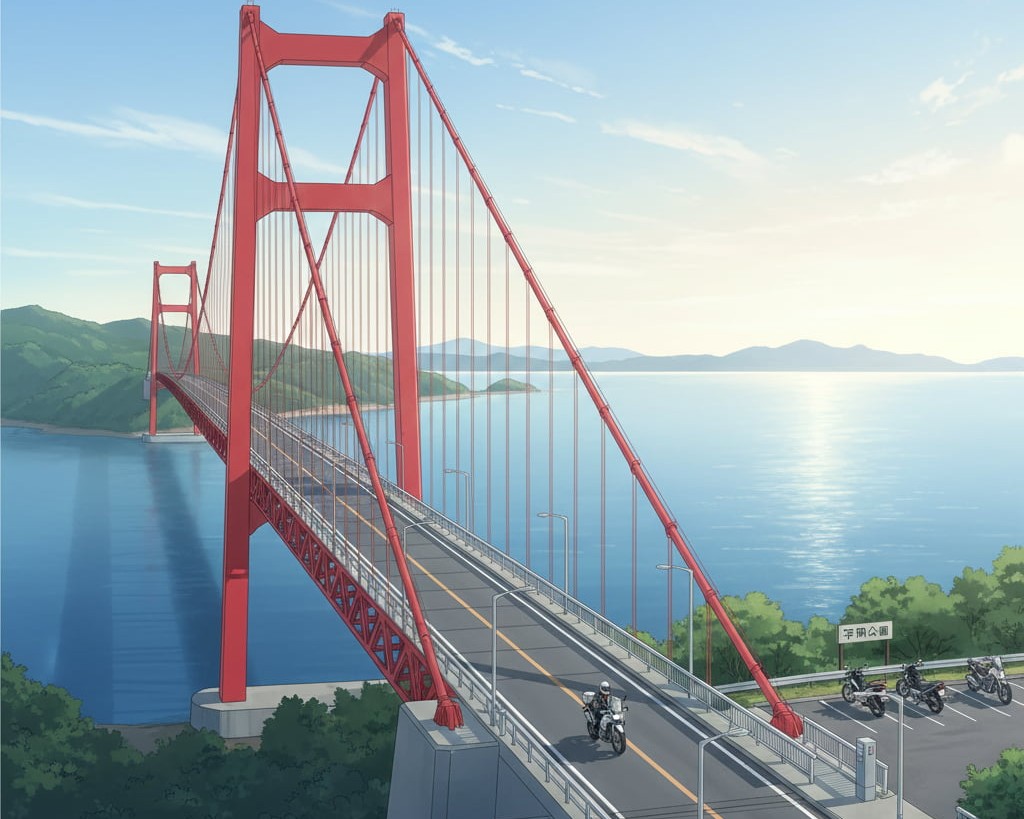 赤いアーチが特徴的な平戸大橋を、バイクが走行しているイラスト。海と空が広がり、橋のたもとには「平戸公園」と書かれた看板とバイクが数台駐車しているスペースが見える。