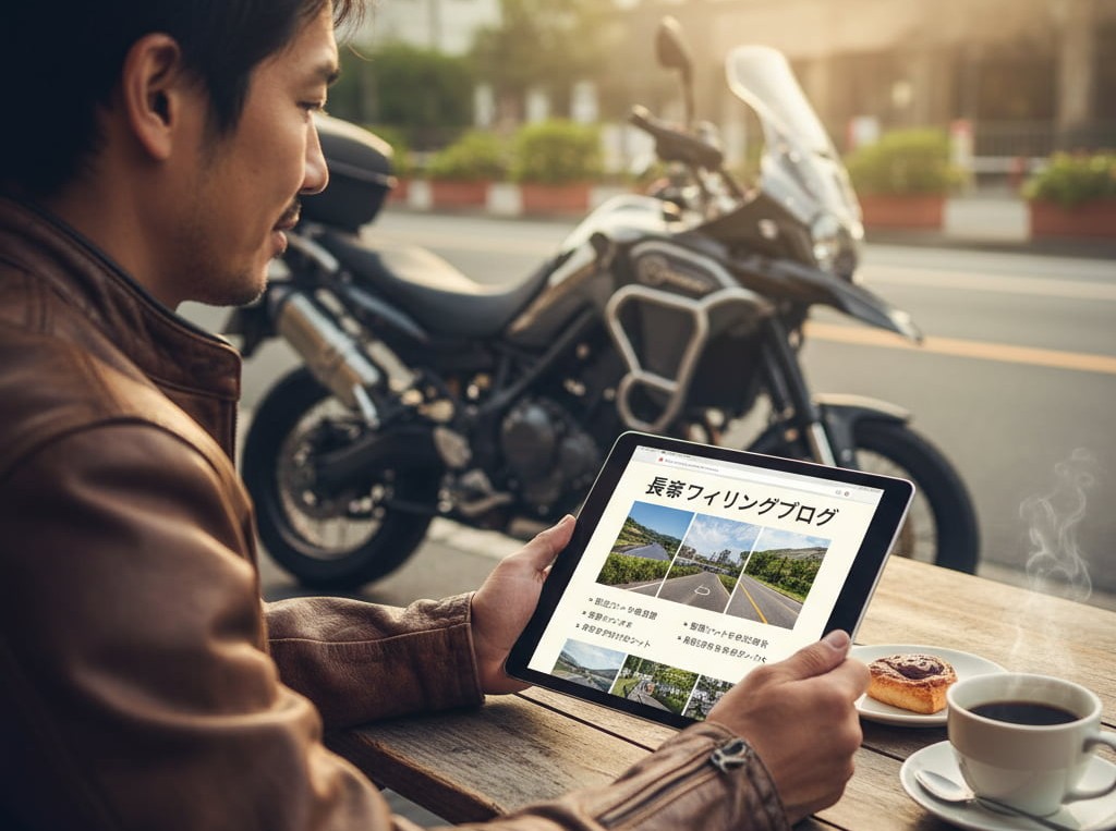 屋外のカフェでタブレットを使ってツーリングブログを読んでいるライダー。