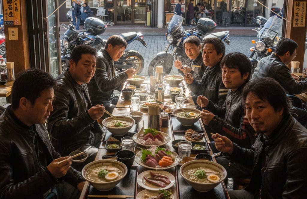 地元のライダーたちがレストランでラーメンと海鮮料理を楽しんでいる様子。