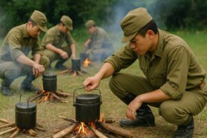 昔の野外炊飯訓練風景(日本の文化を反映)