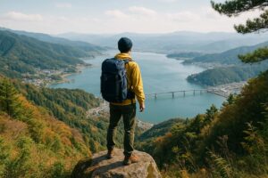 山頂から美しい湖と橋を見下ろすバックパックを背負った男性の後ろ姿