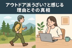 「アウトドア派うざい」と感じる理由や誤解をテーマにしたイラスト。アウトドアを強要する人と、それに困惑するインドア派の対比