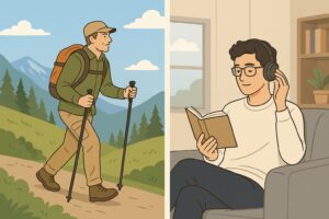 アウトドアとインドアが好きな人の趣味やライフスタイルを対比したイラスト。左は自然の中での散歩、右は室内でゲームや読書を楽しむ様子