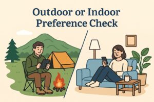 左半分にアクティブなアウトドア活動、右半分に読書や音楽鑑賞など静かなインドアの様子を描いたイラスト