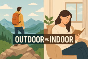 アウトドアとインドアのライフスタイルを比較した分割イラスト。左は山でキャンプを楽しむ人、右は室内でくつろぐ人