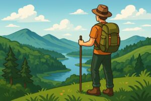 山の頂上で絶景を見渡すハイカーのイラスト。自然を満喫するアウトドア派の象徴的な風景