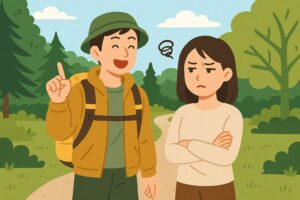 アウトドア派の男性とインドア派の女性カップルが互いの趣味を尊重して過ごす様子を描いたイラスト