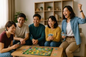 インドア派とアウトドア派が混在する若者グループが、それぞれの趣味を語り合っている写真