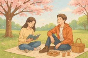 アウトドア派とインドア派のカップルが自然の中でそれぞれの時間を楽しんでいるイラスト