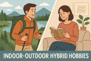 二人の人物が、キャンプ場で過ごすアウトドアの男性と、室内でくつろぐインドアの女性として描かれているイラスト