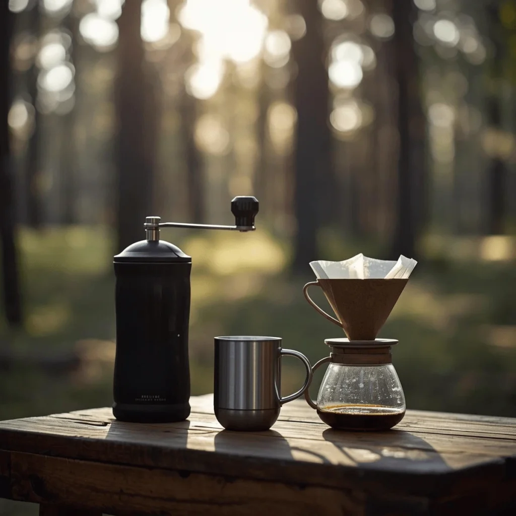 木製テーブルにおしゃれに配置されたアウトドアコーヒーセットと自然の風景