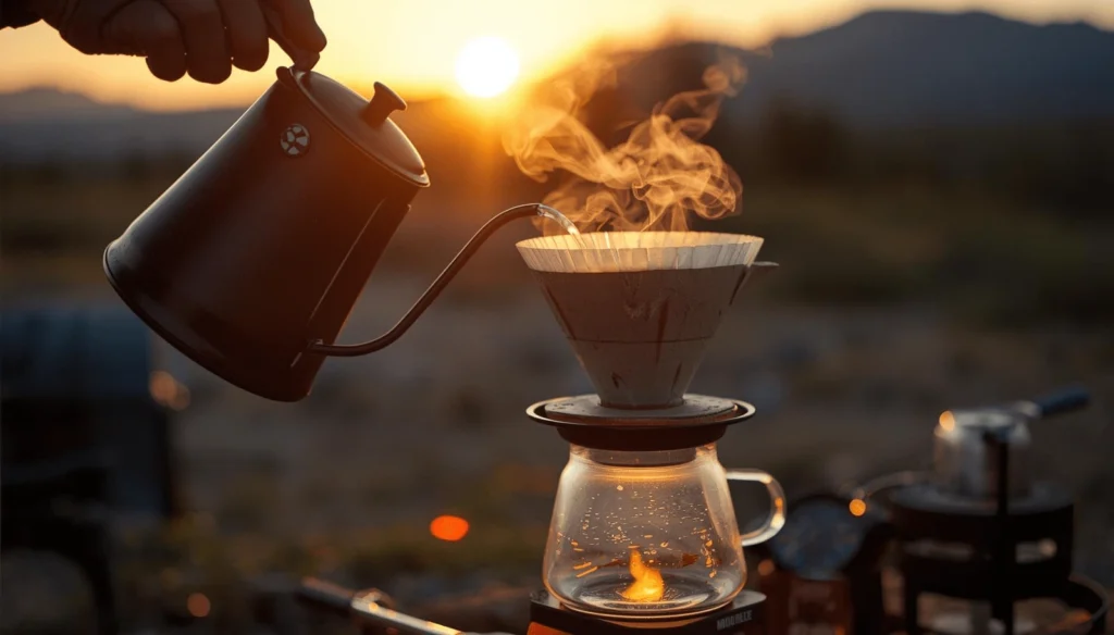 バーナーでお湯を沸かしコーヒーを淹れているキャンプシーン