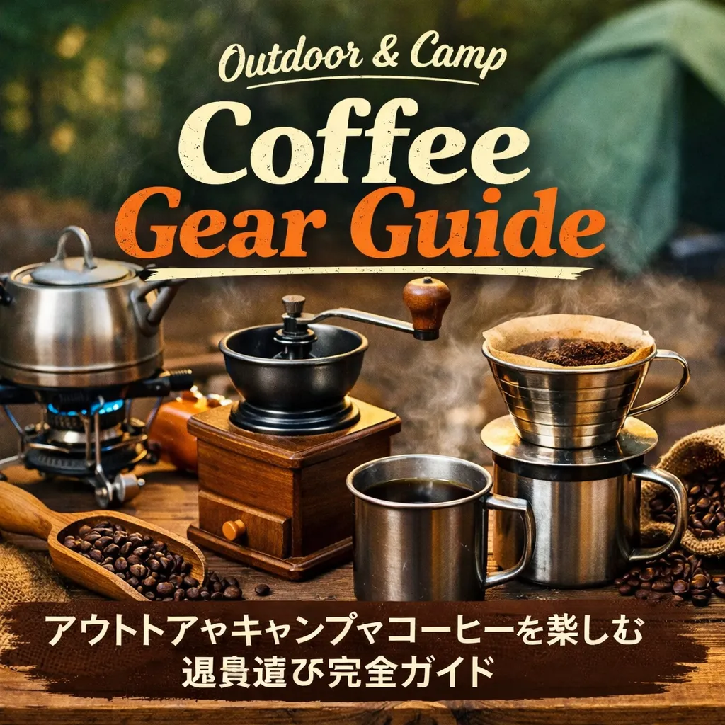 アウトドアでコーヒーを楽しむためのドリッパーやミル、バーナーなどのコーヒー器具が並ぶキャンプシーン