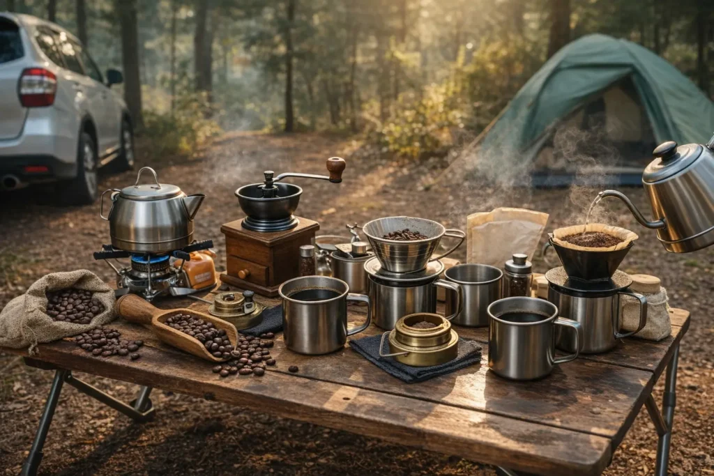 アウトドアで使用するコーヒーミルやドリッパー、バーナーなどの基本的な道具が並んだキャンプシーン
