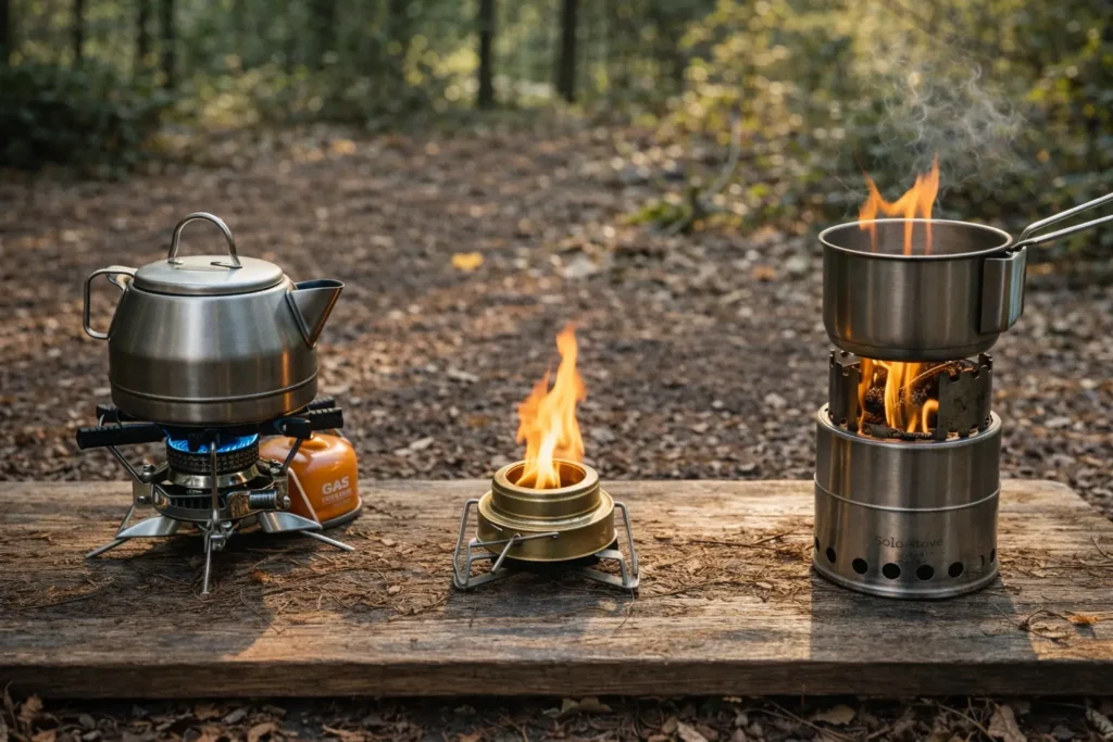 アウトドア用ガスバーナーやアルコールストーブが並べて比較されている様子