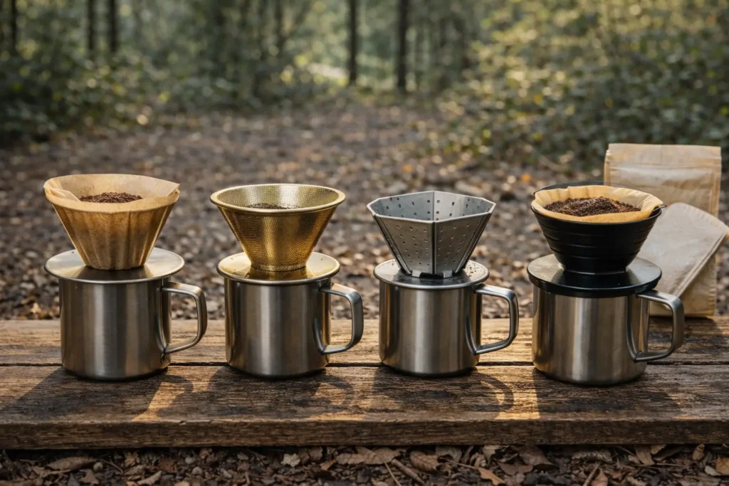 ペーパードリッパーや金属フィルターなど複数のコーヒードリッパーが並んでいる様子