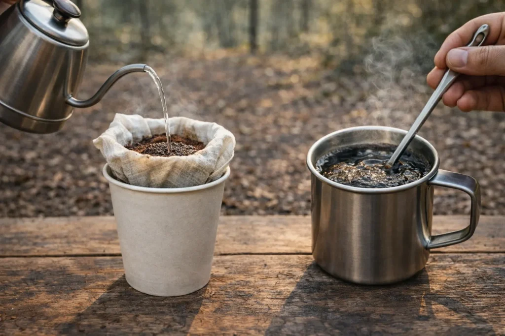 紙コップや布を使ってコーヒーを抽出しているアウトドアシーン