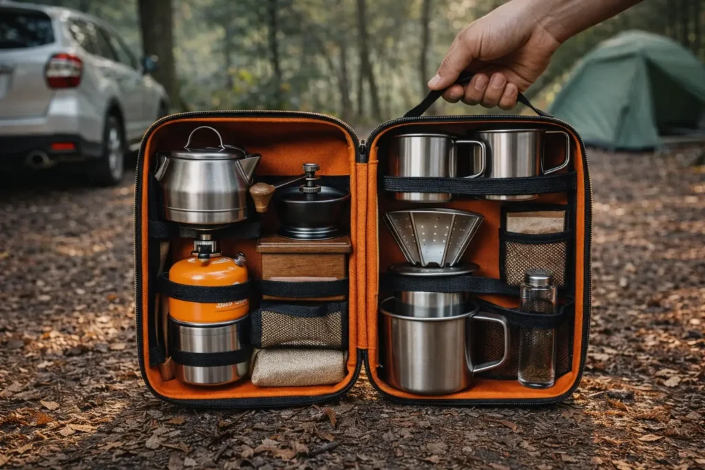 コンパクトに収納されたアウトドア用コーヒーセット一式と収納ケース