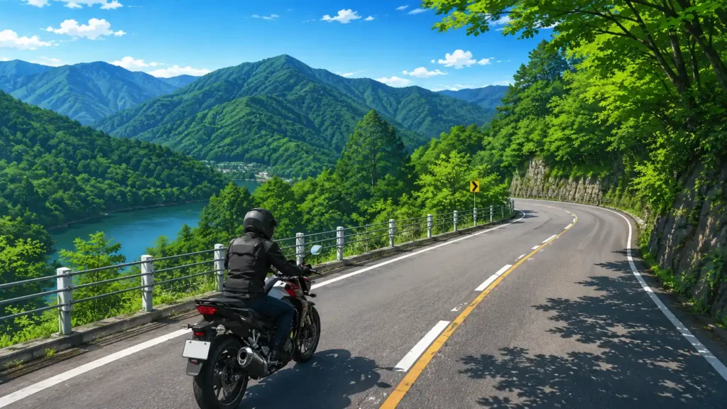 奥多摩周遊道路を左側通行で走るバイクと緑豊かな山々を描いたイラスト