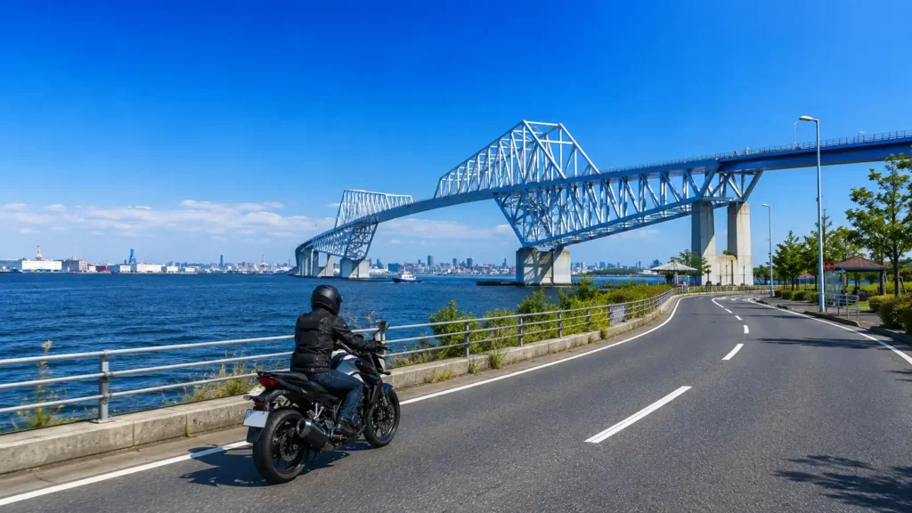 東京ゲートブリッジを背景に海沿いを走るバイクを描いたイラスト