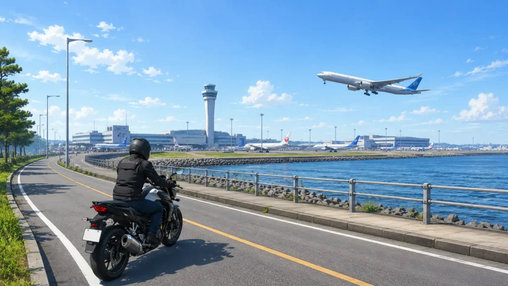 羽田空港近くの海沿い道路を左側通行で走るバイクと離着陸する飛行機のイラスト