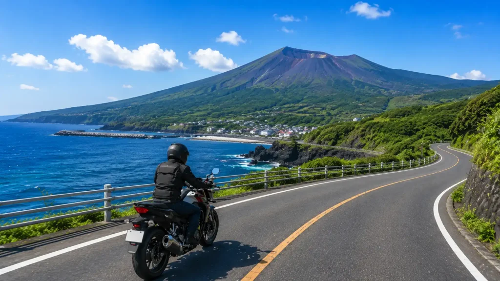 海岸道路と三原山を背景にバイクが走る伊豆大島のイラスト