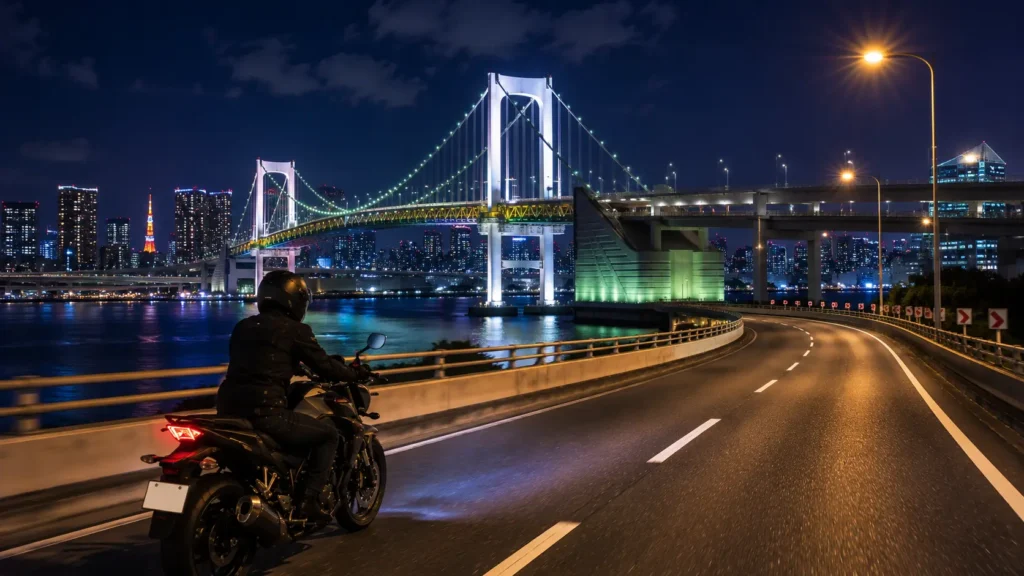 ライトアップされたレインボーブリッジと夜景の中を走るバイクのイラスト