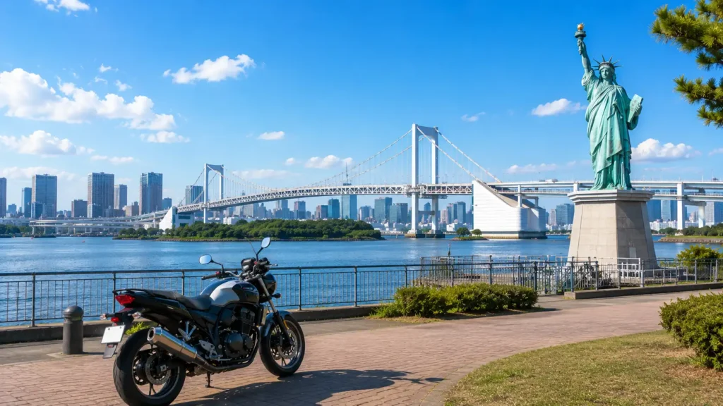 お台場海浜公園からレインボーブリッジを望む景色とバイクのイラスト
