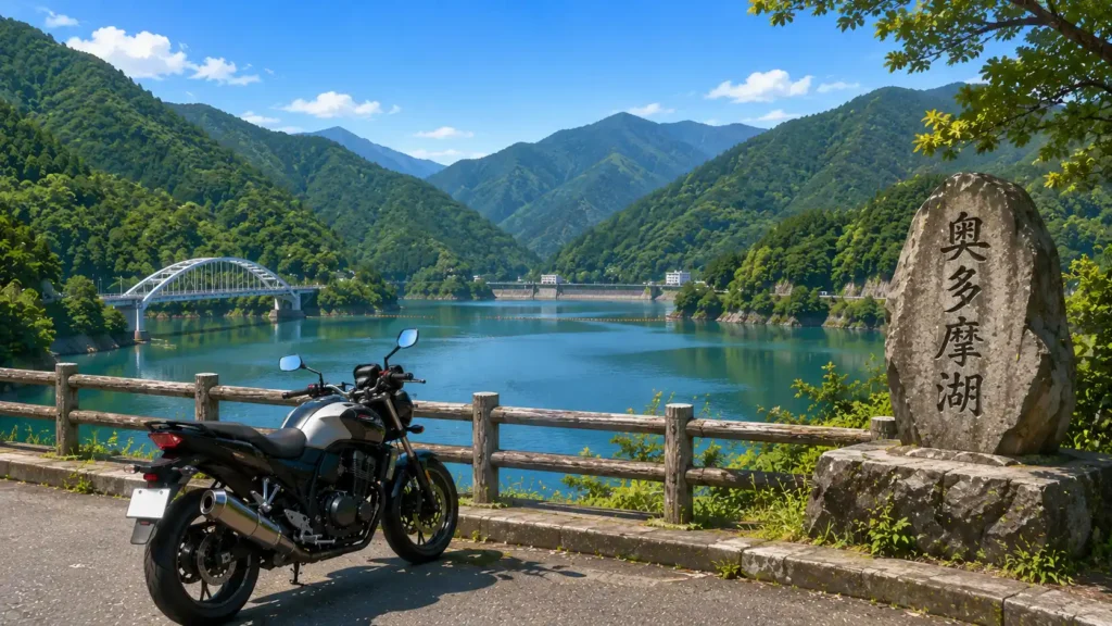 奥多摩湖と山並みを背景に停車したツーリングバイクのイラスト