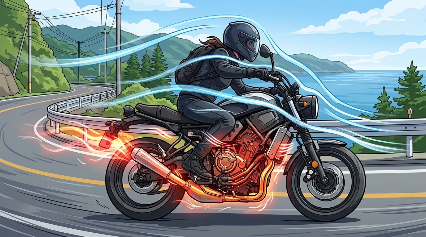 バイク特有の熱中症リスク エンジンの熱とライダーの体への影響を示すイラスト
