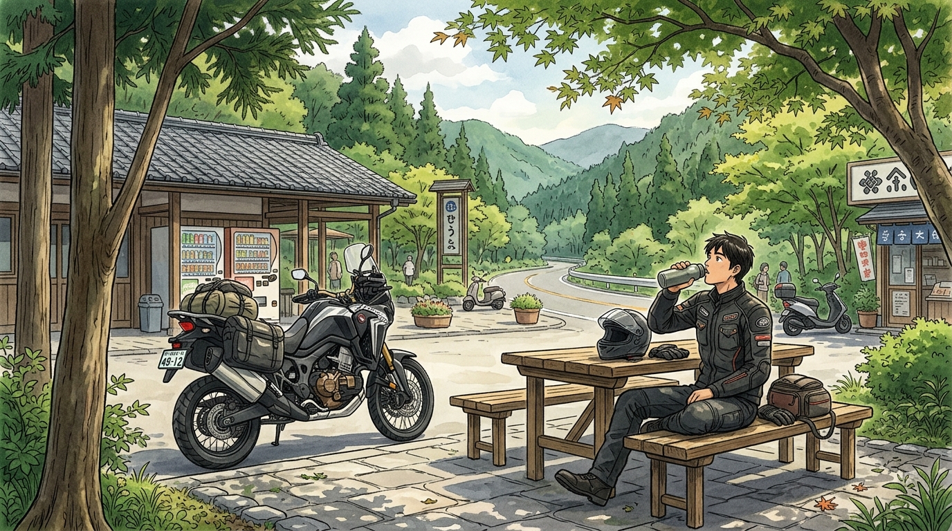 ツーリング休憩中に水分補給するライダーのイラスト