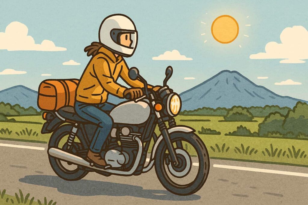 大分の田園地帯を左側通行で走るソロライダーのイラスト(山と太陽の風景)