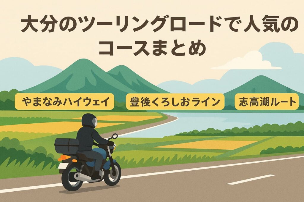 大分の人気ツーリングコースを走るライダーのイラスト(やまなみハイウェイ・豊後くろしおライン・志高湖ルートの看板付き)