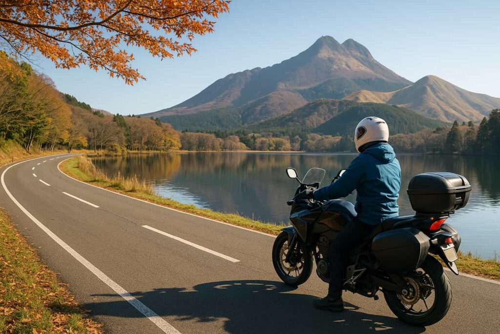 由布岳と志高湖を背景に静かな道を走るソロライダーの写真